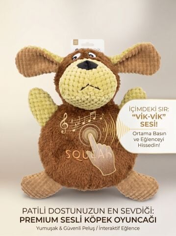 Sesli Peluş Köpek Oyuncağı - Çok Dokulu Yuvarlak Gövde (Kahverengi) (25 cm)