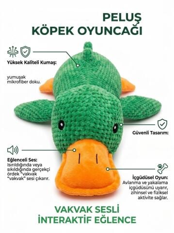 Sesli Ördek Peluş Köpek Oyuncağı - Vakvak Sesli Pütürlü Doku (Yeşil) (43 cm)