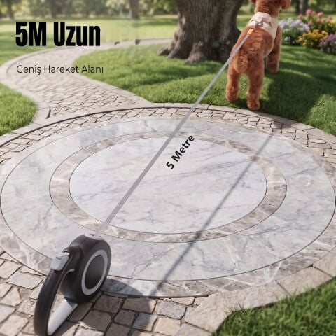Otomatik Makaralı Köpek Gezdirme Tasması 5 Metre (25 kg) (Gri)