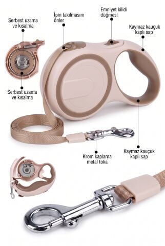 Otomatik Makaralı Köpek Gezdirme Tasması 5 Metre (20 kg) (Bej)