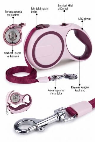 Otomatik Makaralı Köpek Gezdirme Tasması 5 Metre (20 kg) (Pembe)