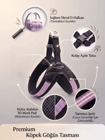 Air Mesh Küçük Irk ve Yavru Köpek Göğüs Tasması - Reflektörlü (Lila)