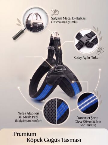 Air Mesh Küçük Irk ve Yavru Köpek Göğüs Tasması - Reflektörlü (Mavi)