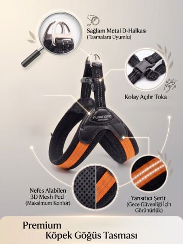 Air Mesh Küçük Irk ve Yavru Köpek Göğüs Tasması - Reflektörlü (Turuncu)