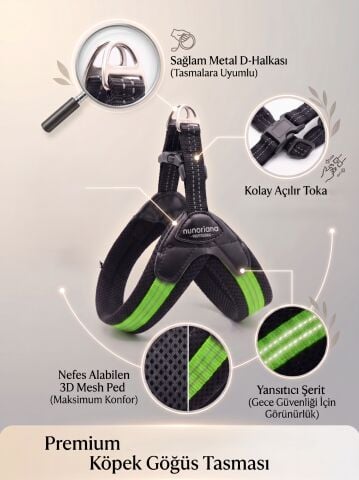 Air Mesh Küçük Irk ve Yavru Köpek Göğüs Tasması - Reflektörlü (Yeşil)