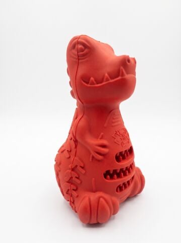 Dinozor Figürlü Ödül Hazneli Kauçuk Köpek Diş Kaşıma Oyuncağı - 10 cm (Kırmızı)
