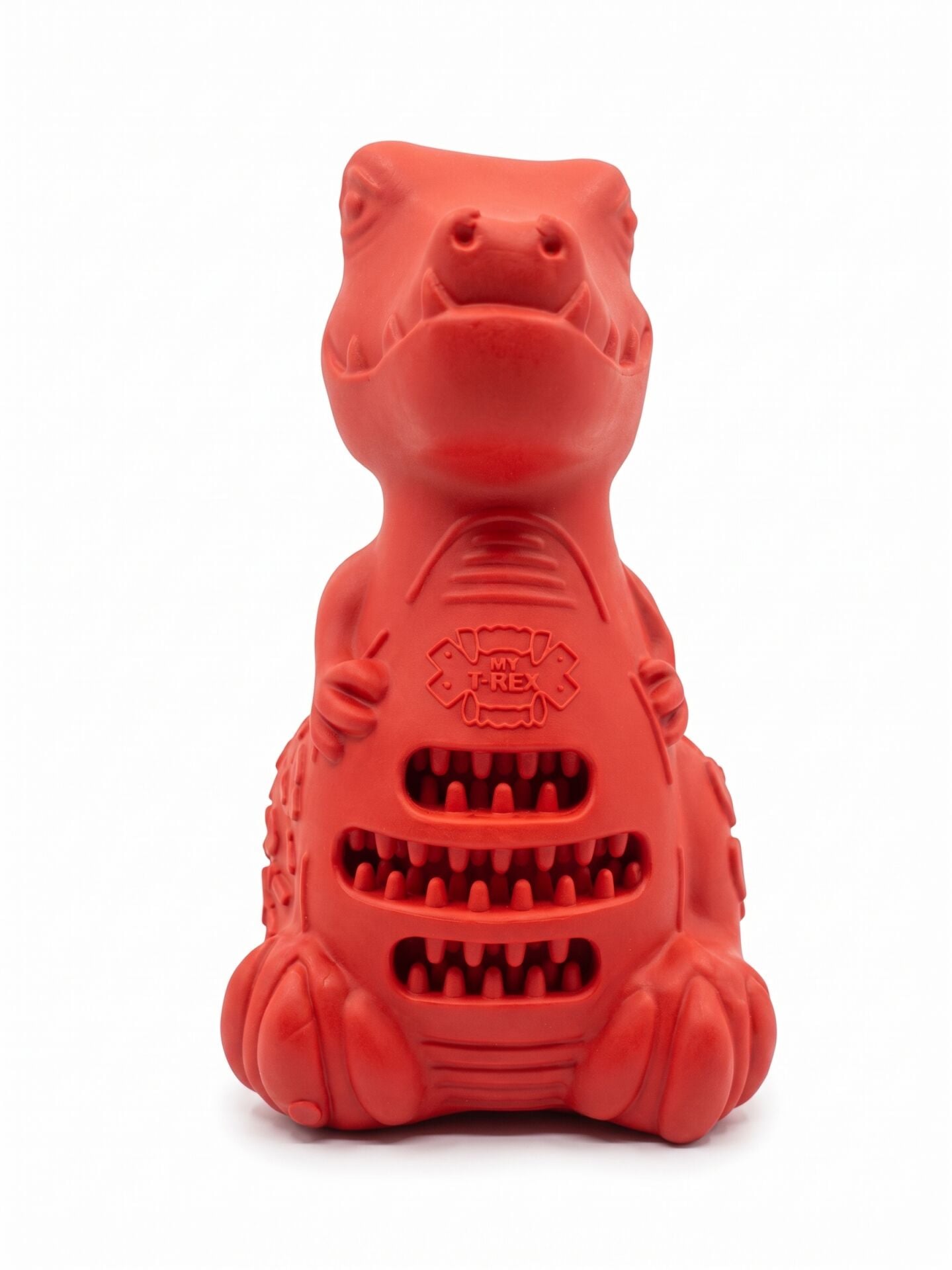 Dinozor Figürlü Ödül Hazneli Kauçuk Köpek Diş Kaşıma Oyuncağı - 10 cm (Kırmızı)