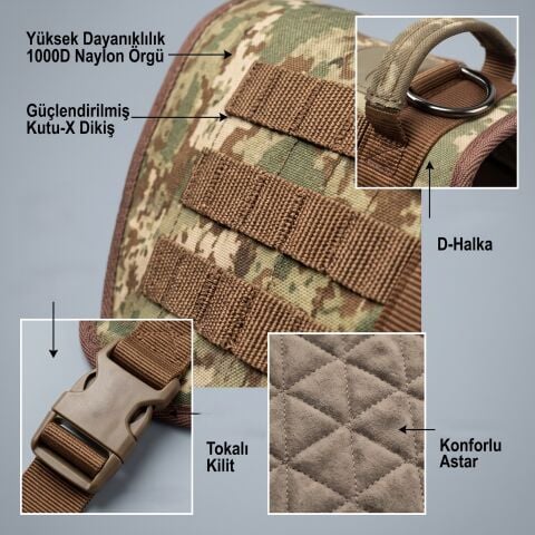 Taktik K9 Yelek Köpek Göğüs Tasması - Sırt Tutma Kulplu 68-83 cm (Kamuflaj)