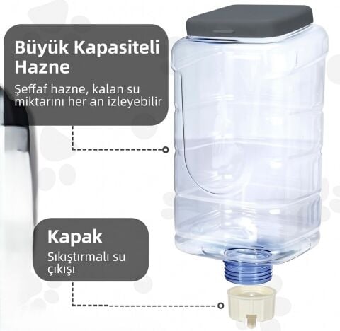 4 Litre Hazneli Otomatik Kedi ve Köpek Su Kabı - Çelik Kaseli (Beyaz)